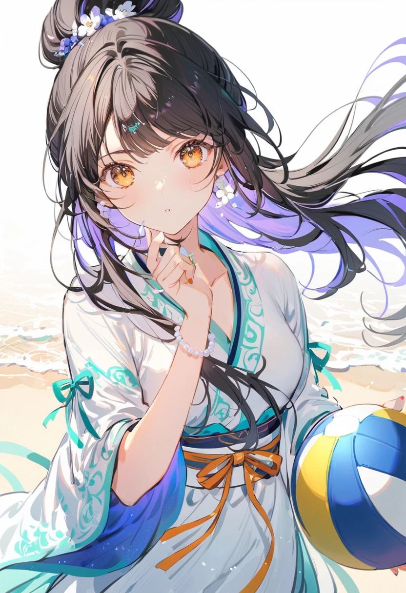 a beautiful girl in a hanfu dress, playing beach volleyball,