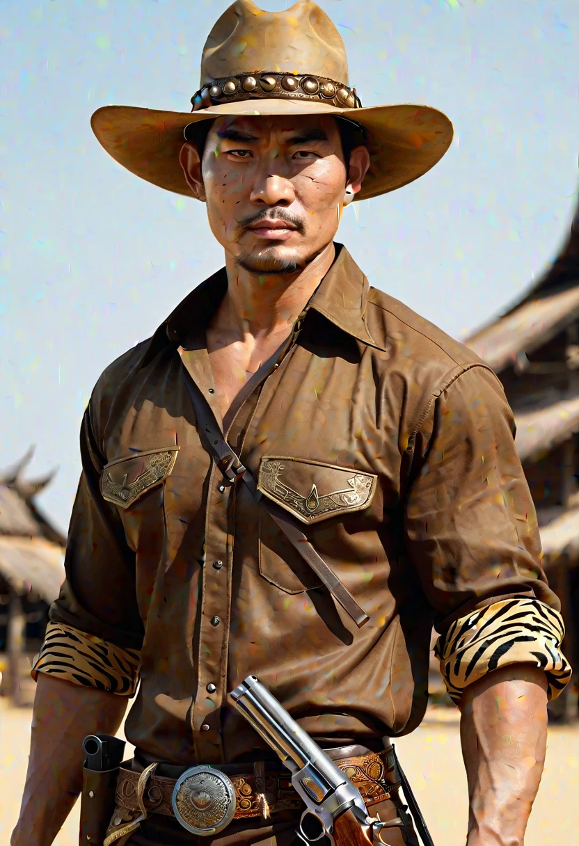 "Create a realistic image of a Thai man with strong, serious features, wearing a brown shirt and a wide-brimmed cowboy hat Tiger skin band is a strap around the hat. He is holding a long rifle with a firm grip. The background should be natural and somewhat indistinct, focusing more on the character. Emphasize realistic textures and lighting to bring the character to life."