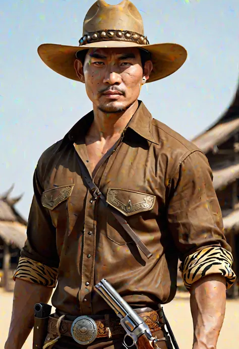 "Create a realistic image of a Thai man with strong, serious features, wearing a brown shirt and a wide-brimmed cowboy hat Tiger...
