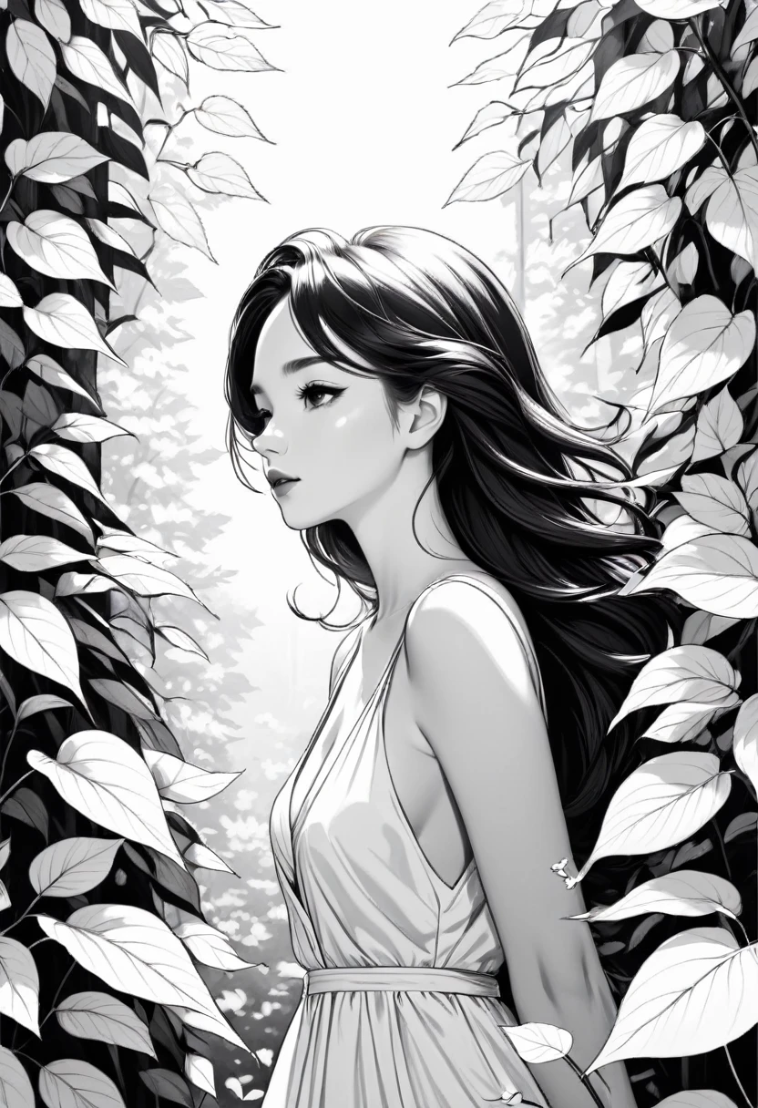 thin line drawing without shading and without black areas, perfect love drawing, On white background, monochrome, black andwhite, no shadows, white background, clear leaves, white sheets, light white leaves