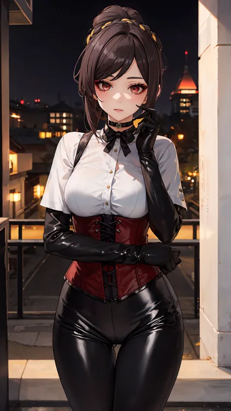 1 girl, chiori \(genshin impact\), alone, choker:1.6, white long sleeve shirt with long sleeve collar, black leather corset, bla...