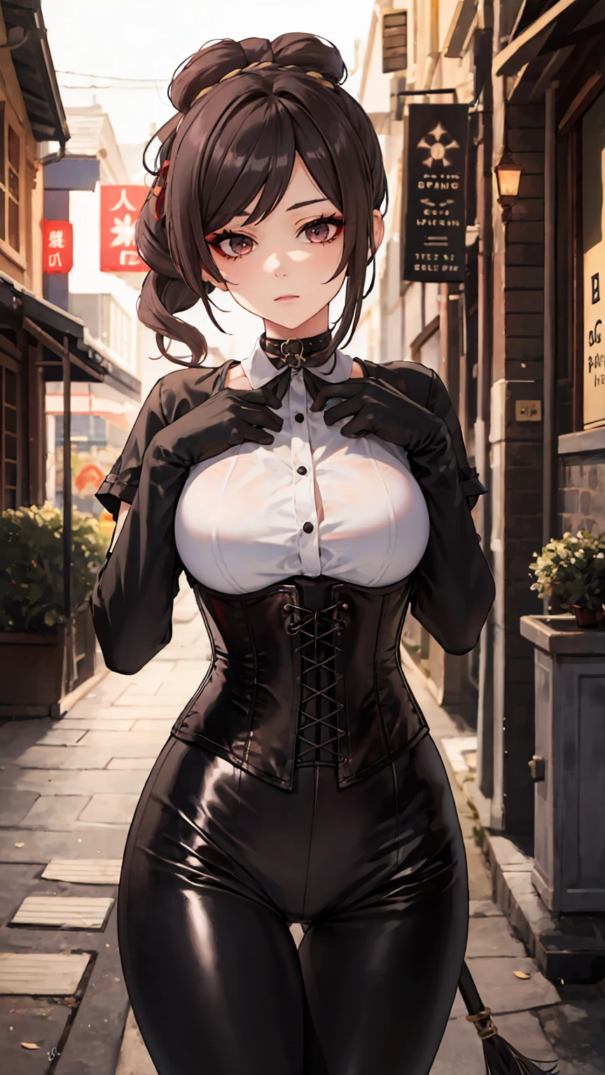 1 girl, Chiori \(genshin impact\), Alone, choker:1.6, White long sleeve shirt with long sleeve collar, black leather corset, black gloves that cover your hands, shiny black leggings, looking at the viewer,, inside, depth of field, expressionless, alley, at night