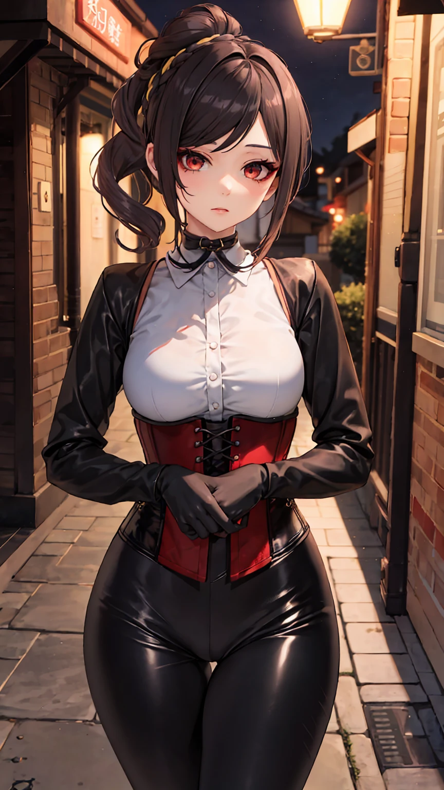 1 girl, Chiori \(genshin impact\), Alone, choker:1.6, White long sleeve shirt with long sleeve collar, black leather corset, black gloves that cover your hands, shiny black leggings, looking at the viewer,, inside, depth of field, expressionless, alley, at night