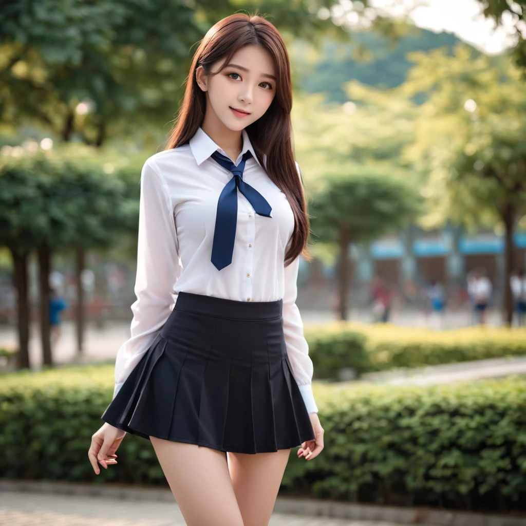 18 years old female, long hair, RAW photo, bokeh (realism: 1.4, realistic), high detail CG unified 8K wallpaper, 1girl, ((slim body: 2)), (small breasts: 2), back to viewer, ((direct view from the front)), (HQ skin: 1.4), 8k uhd, dslr, soft light, high quality, film grain, Fujifilm XT3, ((school uniform, short skirt,see through open skirt:1.5)), ((outdoor, at park))) jangjoo, portrait,((Layered short Haircut, black hire,small breast:2.2)),(looking at viewer:1.4),(full body:1.8)