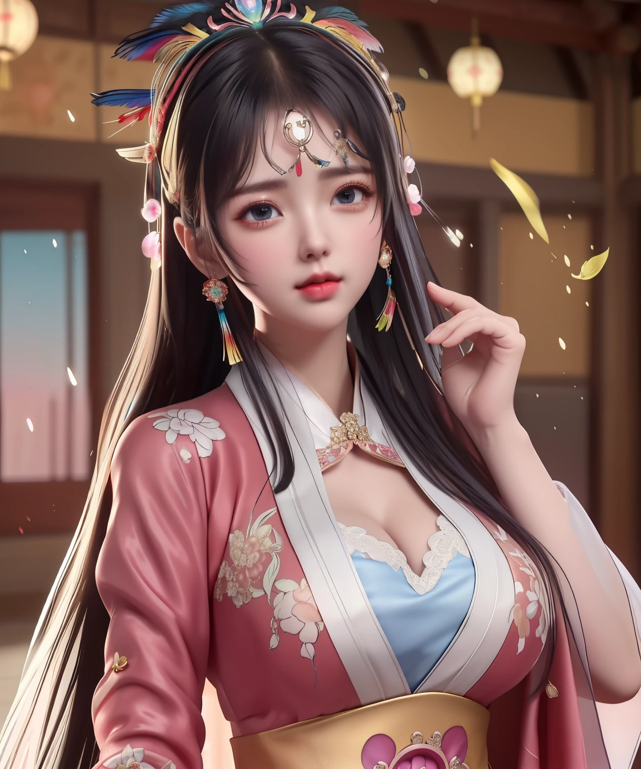 
(8k, RAW photo:1.2), best quality, ultra high res,dramatic angle,(fluttered detailed color splashs), (illustration),(((1 girl))),(long hair),(rain:0.9), (Headdress:1.4),There is an ancient palace beside the girl,Hanfu,(Key Points),Color ink painting,(Splash of Color),Splash of Color,(((colorful))),(sketch:0.8) , Masterpiece, best quality, beautiful painted, highly detailed,(denoising:0.6),[splash ink],((ink refraction)), (beautiful detailed sky),moon,highly,detaild,(masterpiece, best quality, extremely detailed） CG Unity 8k Wallpaper，masterpiece，best quality，Ultra Detailed），（Lycoris）.shoulder ballet dress open V-chested clothes Thin silk lace dress short skirt , (huge ，cleavage),, white pink, blue ，best qualtiy，tmasterpiece，Ultra-high resolution，（Reality：1.4），RAW photogr，（True skin texture：1.3），（filmgrain：1.3），（Selfie angle），1个Giant Breast Girl