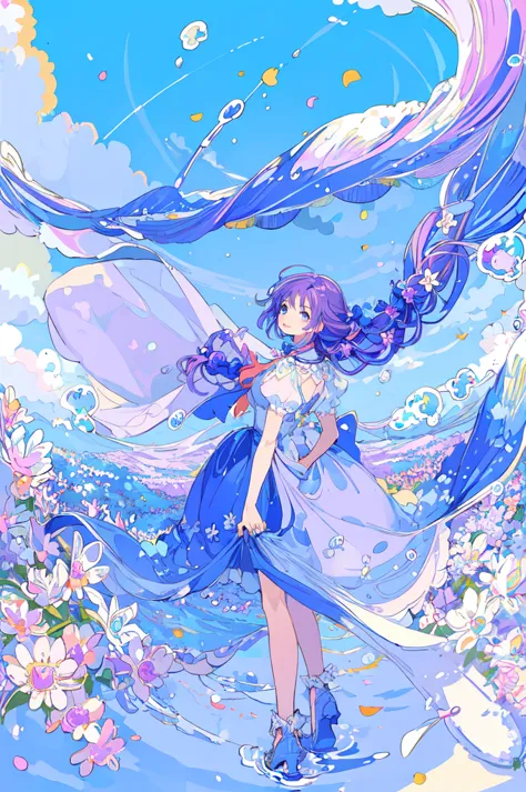 (masterpiece:1.2), best quality,pixiv, 
fairy tale style, 1girl, cloud, solo, sky, purple hair, flower, bubble, blue sky, long h...