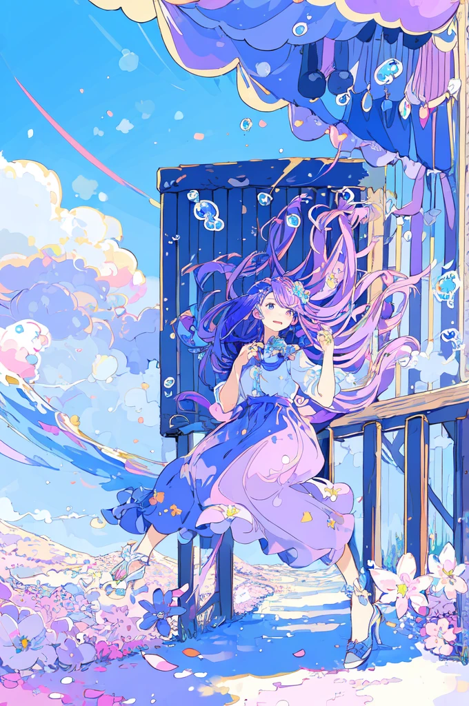 (masterpiece:1.2), best quality,PIXIV, 
fairy tale style, 1girl, cloud, solo, sky, purple hair, flower, bubble, blue sky, long hair, outdoors
 