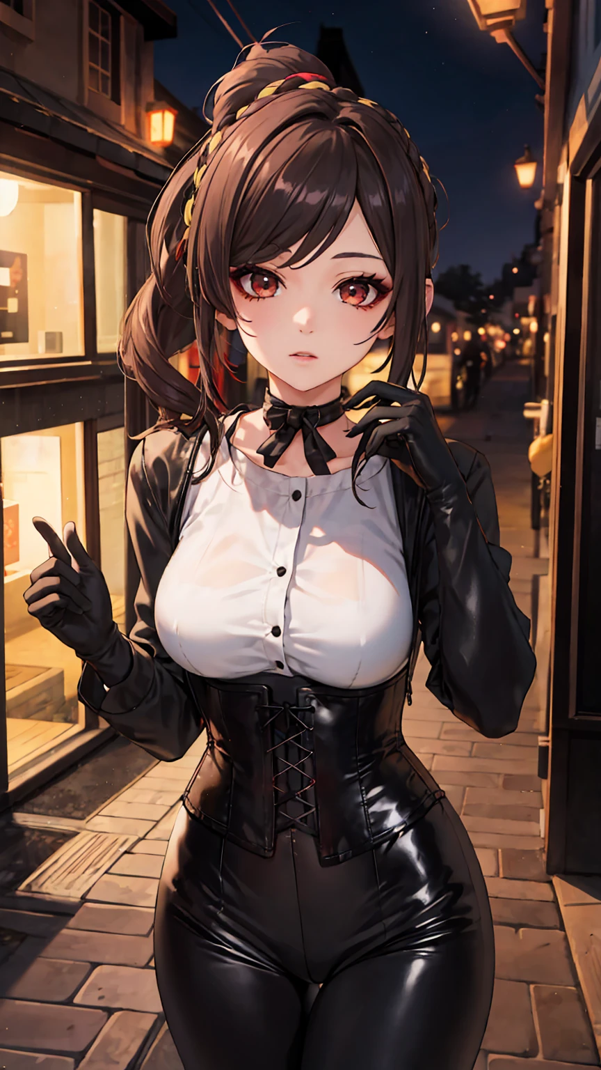 1 girl, Chiori \(genshin impact\), Alone, choker:1.6, White long sleeve shirt with long sleeve collar, black leather corset, black gloves that cover your hands, shiny black leggings, looking at the viewer,, inside, depth of field, expressionless, alley, at night