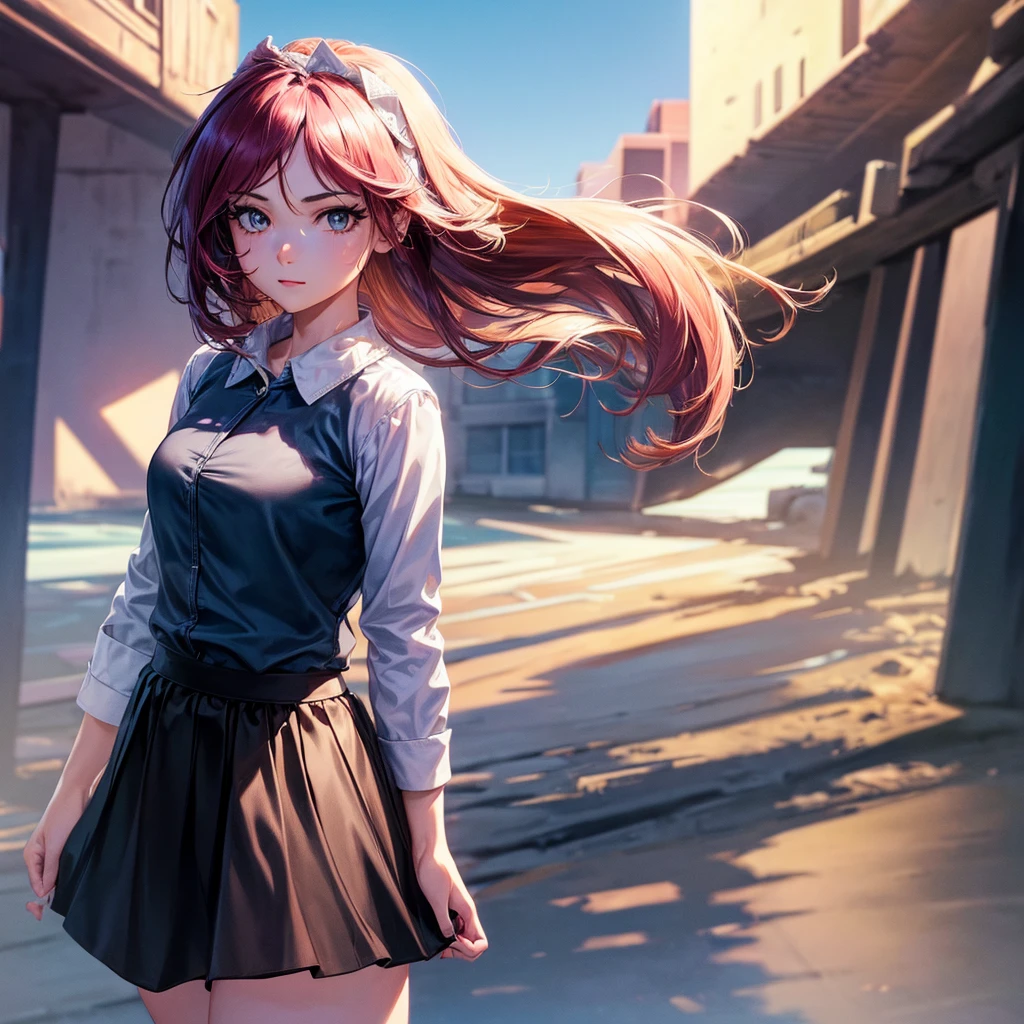 (Single Girl, Best Quality, Detailed Face, Detailed Eyes), (Highly Detailed 8K Background, Best Shadow), Highly Detailed, ((Short Skirt and Shirt, Daylight))), (Cowboy Shot), Anime, City, Best High quality detail, 4K, tiny skirt