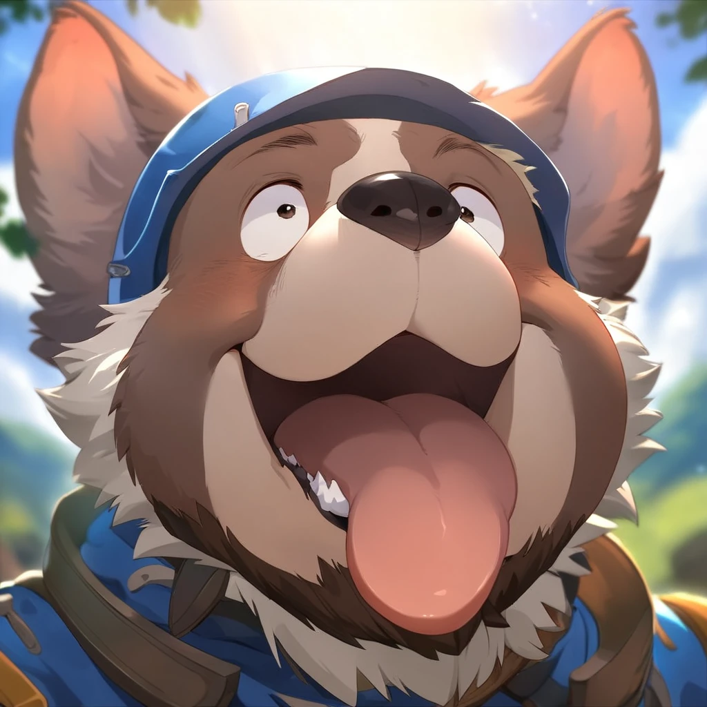 anthro, kemono, male, solo, ((round face, very plump face, thick beard)), ((endomorph body type, old-aged)), ((adventure costume:1.5)), ((domestic dog, dog) fluffy fur, fluffy), (at lawn hills, blue sky clouds), bokeh, (face focus, headshot), detailed background, (high quality, highres, masterpiece), (dynamic lighting, vivid color), (silly face, tongue out, funny face, furrowed eyes), (humorous person), (dynamic pose), foot，penis, (animaginexl:1.3), (upperbody), (dreamy looks)