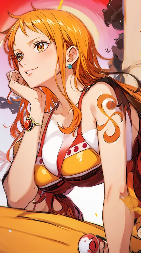 Nami, a character from the popular anime "One Piece". Anime-style portrait of a beautiful girl with long orange hair wearing a b...