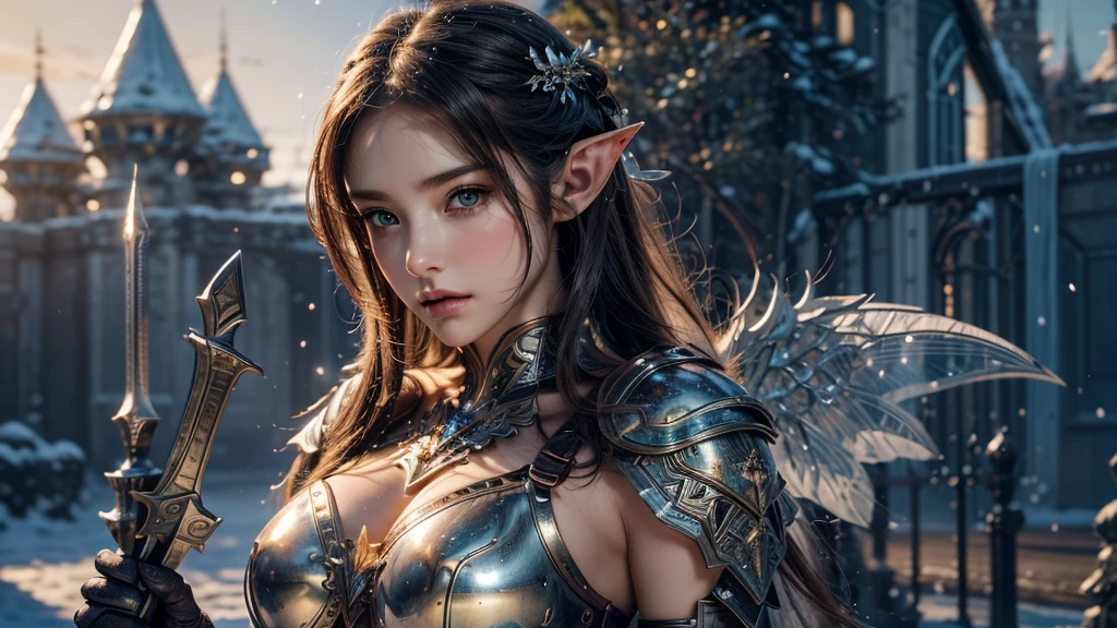 Close-up of woman holding sword and armor, Armor Girl, 2. 5D CGI anime fantasy artwork, Large Breasts，Epic fantasy digital art style, detailed Digital 2D fantasy art, Digital 2D fantasy art, original photo, (best quality:1.3), high resolution, (masterpiece), (lifelike:1.4), Professional photography, Clear focus, High Dynamic Range, 8k resolution, Intricate details, Fine details, Depth of Field, Extremely detailed CG unified 8k wallpaper, masterpiece，poster，best quality，Official Art，（Beauty and aesthetics：1.2），（masterpiece：1.3），Female Elf，individual，Light Leather Armor，complex pattern，snow，castle，Medium distance photography，（early morning），dramatic，Glowing Wings，