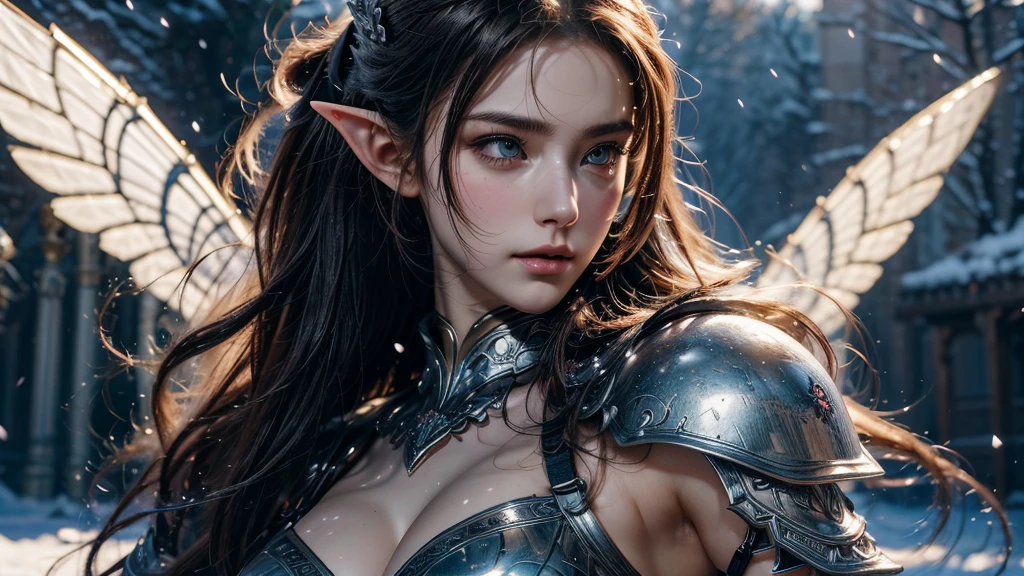 Close-up of woman holding sword and armor, Armor Girl, 2. 5D CGI anime fantasy artwork, Large Breasts，Epic fantasy digital art style, detailed Digital 2D fantasy art, Digital 2D fantasy art, original photo, (best quality:1.3), high resolution, (masterpiece), (lifelike:1.4), Professional photography, Clear focus, High Dynamic Range, 8k resolution, Intricate details, Fine details, Depth of Field, Extremely detailed CG unified 8k wallpaper, masterpiece，poster，best quality，Official Art，（Beauty and aesthetics：1.2），（masterpiece：1.3），Female Elf，individual，Light Leather Armor，complex pattern，snow，castle，Medium distance photography，（early morning），dramatic，Glowing Wings，