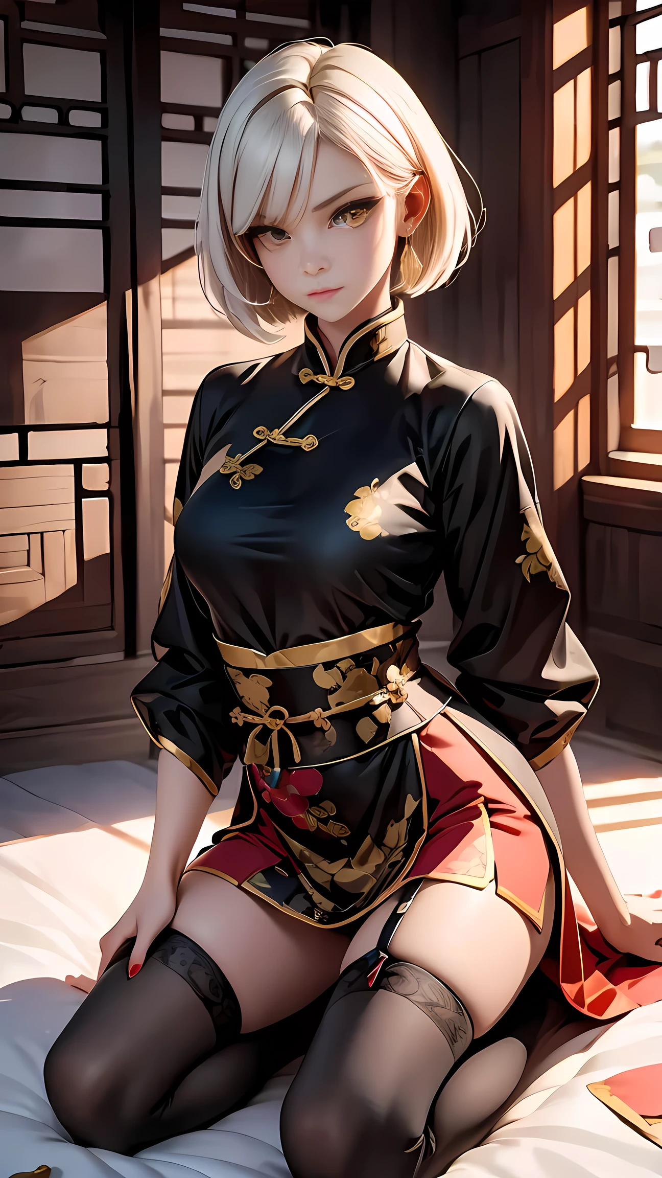 A very beautiful 19-year-old woman, (white hair:0,5), bob haircut, short hair, (yellow eyes:0.5) bright golden eyes, red nails, young beautiful face, muscular, slim but well-proportioned body, perfect white skin, highly detailed drawing, realistic face. (((Wearing traditional Chinese imperial clothes black With gold details:0,8))) ((red skirt with contour golden,)) (with red Hanafuda earrings,) (garterbelt black thigh-high socks.) Kneeling on a white bed in an ancient Chinese room, with a full moon and stars visible through the window, with light flashes reflecting on her body. 4k anime art, perfect lighting.