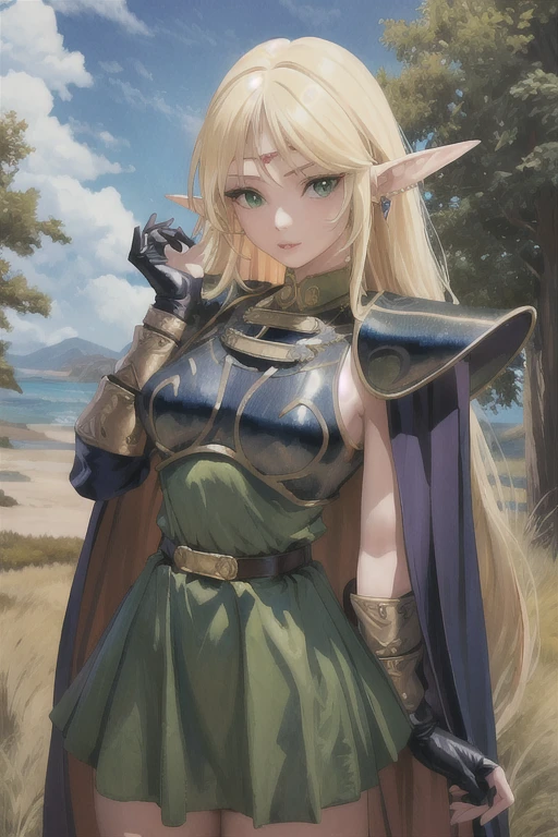 masterpiece, best quality, 1girl, solo, scenery, cowboy shot,
pointy ears, blonde hair, long hair, elf, circlet, green eyes, long pointy ears, very long hair, breasts, medium breasts, earrings, lips, makeup, bangs,
cape, armor, blue cape, shoulder armor, pauldrons, gloves, breastplate, belt, green dress, short dress,
