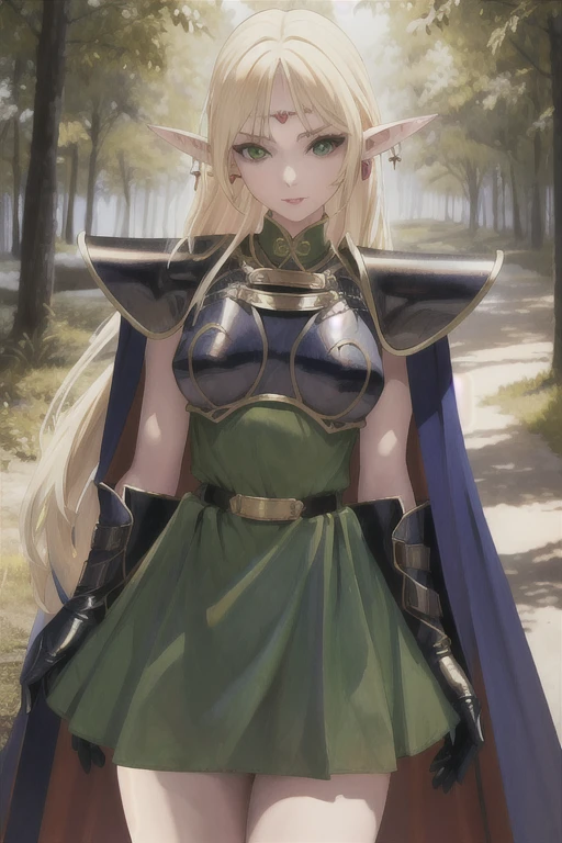 masterpiece, best quality, 1girl, solo, scenery, cowboy shot,
pointy ears, blonde hair, long hair, elf, circlet, green eyes, long pointy ears, very long hair, breasts, medium breasts, earrings, lips, makeup, bangs,
cape, armor, blue cape, shoulder armor, pauldrons, gloves, breastplate, belt, green dress, short dress,
