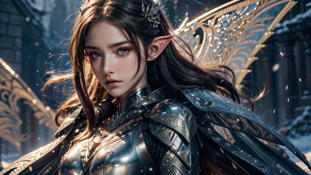 Close-up of woman holding sword and armor, Armor Girl, 2. 5D CGI anime fantasy artwork, Large Breasts，Epic fantasy digital art style, detailed Digital 2D fantasy art, Digital 2D fantasy art, original photo, (best quality:1.3), high resolution, (masterpiece), (lifelike:1.4), Professional photography, Clear focus, High Dynamic Range, 8k resolution, Intricate details, Fine details, Depth of Field, Extremely detailed CG unified 8k wallpaper, masterpiece，poster，best quality，Official Art，（Beauty and aesthetics：1.2），（masterpiece：1.3），Female Elf，individual，Light Leather Armor，complex pattern，snow，castle，Medium distance photography，（early morning），dramatic，Glowing Wings，