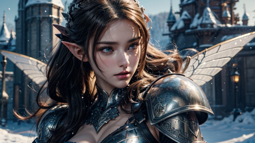 Close-up of woman holding sword and armor, Armor Girl, 2. 5D CGI anime fantasy artwork, Large Breasts，Epic fantasy digital art style, detailed Digital 2D fantasy art, Digital 2D fantasy art, original photo, (best quality:1.3), high resolution, (masterpiece), (lifelike:1.4), Professional photography, Clear focus, High Dynamic Range, 8k resolution, Intricate details, Fine details, Depth of Field, Extremely detailed CG unified 8k wallpaper, masterpiece，poster，best quality，Official Art，（Beauty and aesthetics：1.2），（masterpiece：1.3），Female Elf，individual，Light Leather Armor，complex pattern，snow，castle，Medium distance photography，（early morning），dramatic，Glowing Wings，