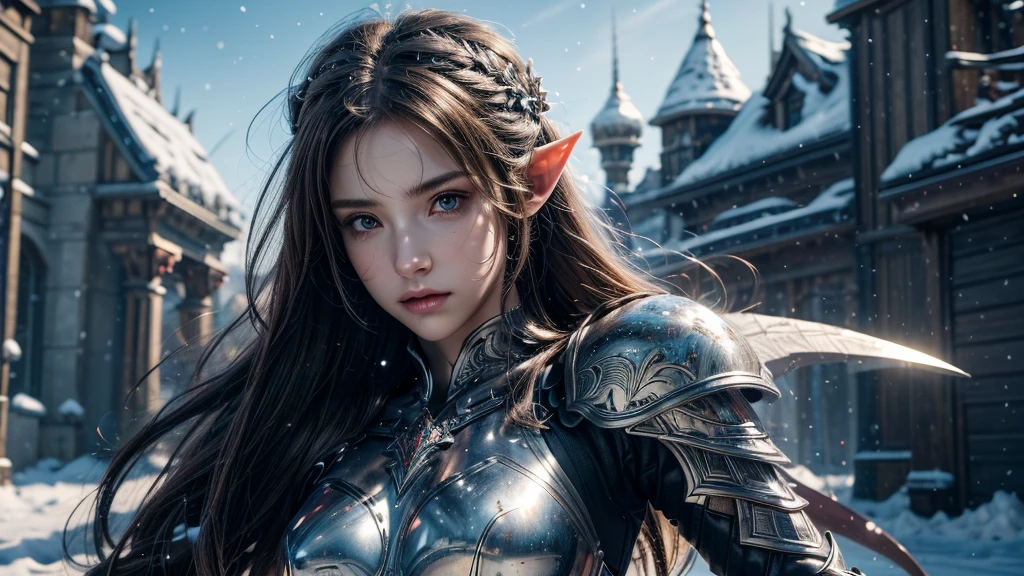 Close-up of woman holding sword and armor, Armor Girl, 2. 5D CGI anime fantasy artwork, Large Breasts，Epic fantasy digital art style, detailed Digital 2D fantasy art, Digital 2D fantasy art, original photo, (best quality:1.3), high resolution, (masterpiece), (lifelike:1.4), Professional photography, Clear focus, High Dynamic Range, 8k resolution, Intricate details, Fine details, Depth of Field, Extremely detailed CG unified 8k wallpaper, masterpiece，poster，best quality，Official Art，（Beauty and aesthetics：1.2），（masterpiece：1.3），Female Elf，individual，Light Leather Armor，complex pattern，snow，castle，Medium distance photography，（early morning），dramatic，Glowing Wings，