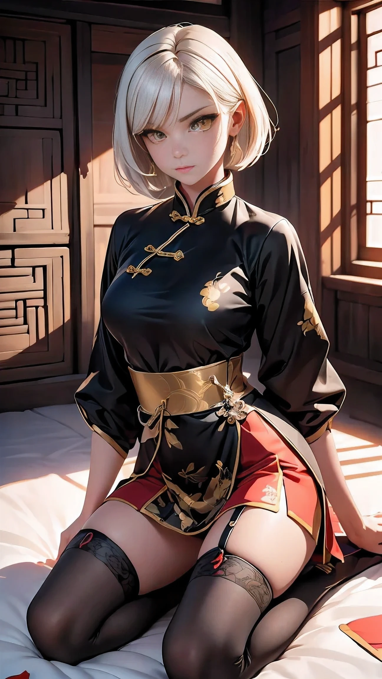 A very beautiful 19-year-old woman, (white hair:0,5), bob haircut, short hair, (yellow eyes:0.5) bright golden eyes, red nails, young beautiful face, muscular, slim but well-proportioned body, perfect white skin, highly detailed drawing, realistic face. (((Wearing traditional Chinese imperial clothes black With gold details:0,8))) ((red skirt with contour golden,)) (with red Hanafuda earrings,) (garterbelt black thigh-high socks.) Kneeling on a white bed in an ancient Chinese room, with a full moon and stars visible through the window, with light flashes reflecting on her body. 4k anime art, perfect lighting.