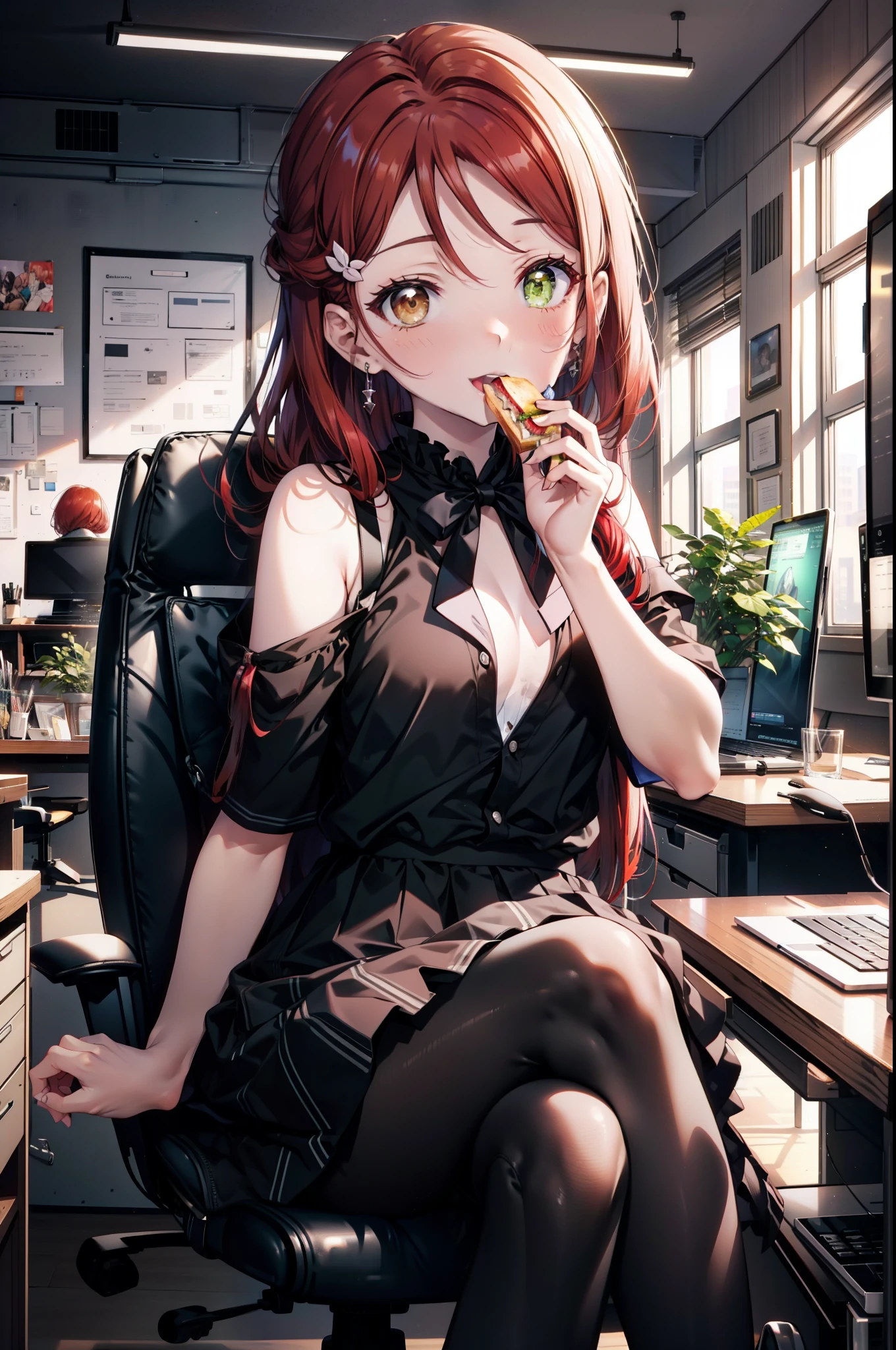 rikosakurauchi, Riko Sakurauchi, (Brown eyes:1.5), Hair between the eyes, Long Hair, (Redhead:1.5), (Small breasts:1.2), smile,blush,Open your mouth,Cold Shoulder Shirt,Short sleeve,Long skirt,Black pantyhose,Stiletto heels,Sitting in a chair,is holding a sandwich with both hands and eating it,There is a computer and a sandwich on the table.,hinterland,So that the whole body goes into the illustration,
BREAK looking at viewer, 全身
BREAK outdoors, office,
BREAK (masterpiece:1.2), Highest quality, High resolution, unity 8k wallpaper, (figure:0.8), (Beautiful attention to detail:1.6), Highly detailed face, Perfect lighting, Highly detailed CG, (Perfect hands, Perfect Anatomy),