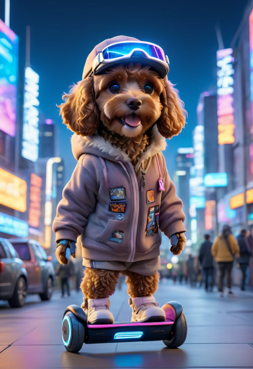 A cute brown Cavapoodle with fluffy fur wearing an urban outfit, one hoodie, and a futuristic visor hat, standing on a futuristic hoverboard in a high-tech cityscape with neon lights and holographic billboards. The background is modern and cyberpunk, with a high-tech vibe. Adorable Digital Painting, 3D rendered, bright lighting, vibrant colors, outside at night.