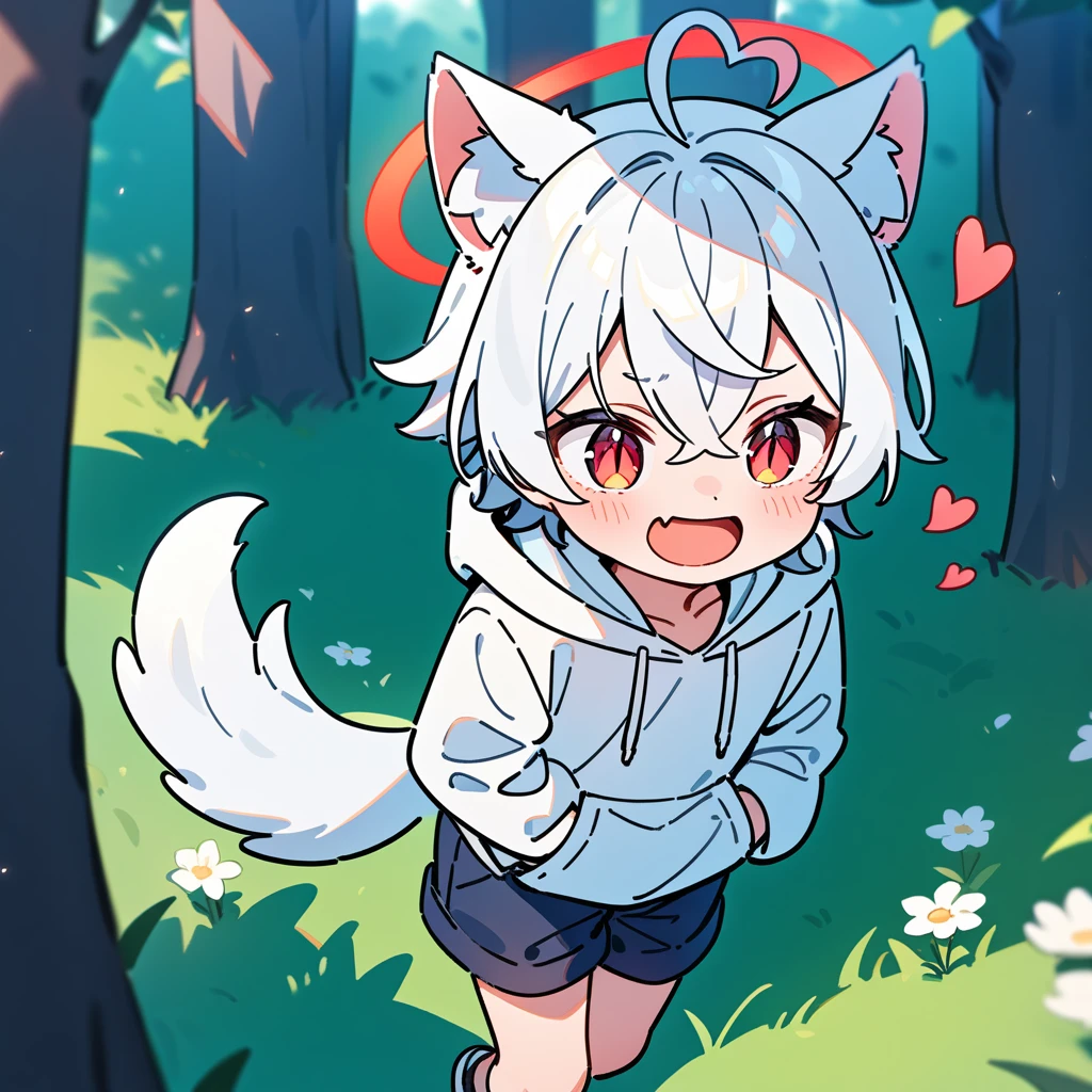 （masterpiece：1.2，high quality），8K，High resolution，A seven-year-old boy，cute boy，white hair，short hair，crossed bangs，red eyes，slit pupils，heart ahoge，black ears，cat ears，laughing，skin fang，red halo，Wearing a white hoodie，Dark blue shorts，Stand in the forest，There are flowering trees on both sides.，primary school student，thigh，alone，dog tail，（Put your hands in your pockets），（（Put your hands in your pockets）），（（（Comes in a bottle）））