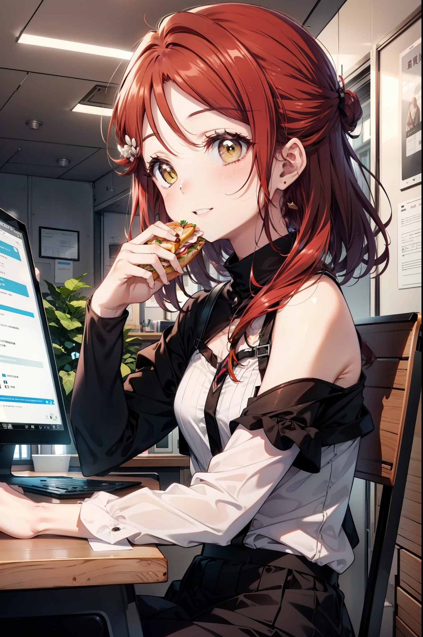 rikosakurauchi, Riko Sakurauchi, (Brown eyes:1.5), Hair between the eyes, Long Hair, (Redhead:1.5), (Small breasts:1.2), smile,blush,Open your mouth,Cold Shoulder Shirt,Short sleeve,Long skirt,Black pantyhose,Stiletto heels,Sitting in a chair,is holding a sandwich with both hands and eating it,There is a computer and a sandwich on the table.,hinterland,So that the whole body goes into the illustration,
BREAK looking at viewer, 全身
BREAK outdoors, office,
BREAK (masterpiece:1.2), Highest quality, High resolution, unity 8k wallpaper, (figure:0.8), (Beautiful attention to detail:1.6), Highly detailed face, Perfect lighting, Highly detailed CG, (Perfect hands, Perfect Anatomy),