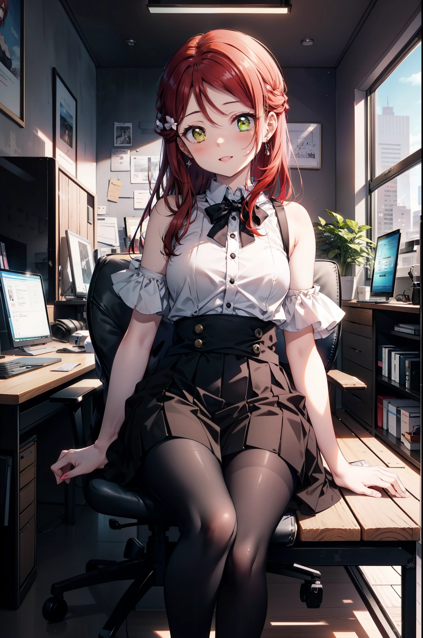 rikosakurauchi, Riko Sakurauchi, (Brown eyes:1.5), Hair between the eyes, Long Hair, (Redhead:1.5), (Small breasts:1.2), smile,blush,Open your mouth,Cold Shoulder Shirt,Short sleeve,Long skirt,Black pantyhose,Stiletto heels,Sitting in a chair,is holding a sandwich with both hands and eating it,There is a computer and a sandwich on the table.,hinterland,So that the whole body goes into the illustration,
BREAK looking at viewer, 全身
BREAK outdoors, office,
BREAK (masterpiece:1.2), Highest quality, High resolution, unity 8k wallpaper, (figure:0.8), (Beautiful attention to detail:1.6), Highly detailed face, Perfect lighting, Highly detailed CG, (Perfect hands, Perfect Anatomy),