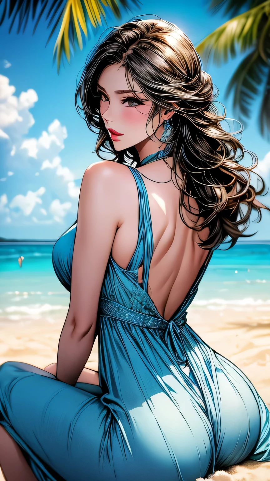 (Best lighting, Best Shadow, masterpiece, high quality), colorful, Vibrant, Summer mood, lots of bright colors, Beautiful woman in light summer clothes, Hair loss, Sit on the clear water and white sand, Bright blue sky. masterpiece, 最high quality, high quality, High resolution, sexly,