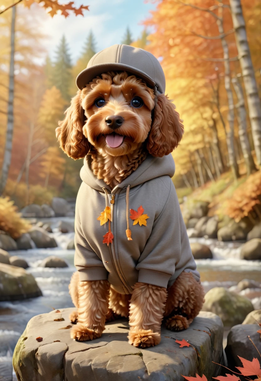 A cute brown Cavapoodle with fluffy fur wearing an urban outfit, one hoodie, and a classic flat cap, sitting on a rock by a picturesque autumn forest with colorful falling leaves and a serene river flowing nearby. The background is natural and tranquil, with an autumnal theme. Adorable Digital Painting, 3D rendered, warm lighting, vibrant colors, outside in the fall season