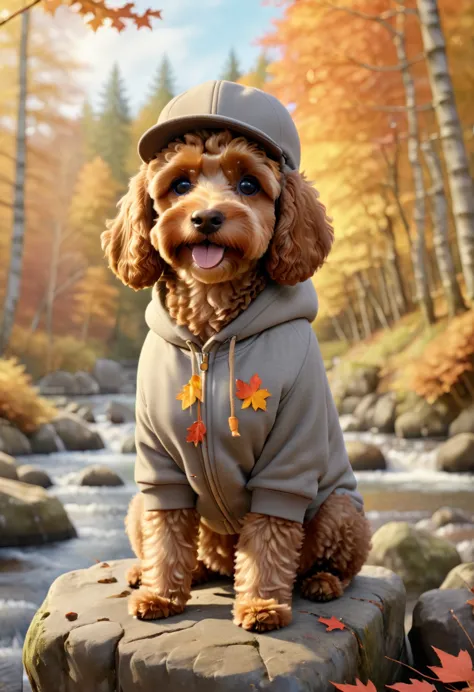 a cute brown cavapoodle with fluffy fur wearing an urban outfit, one hoodie, and a classic flat cap, sitting on a rock by a pict...