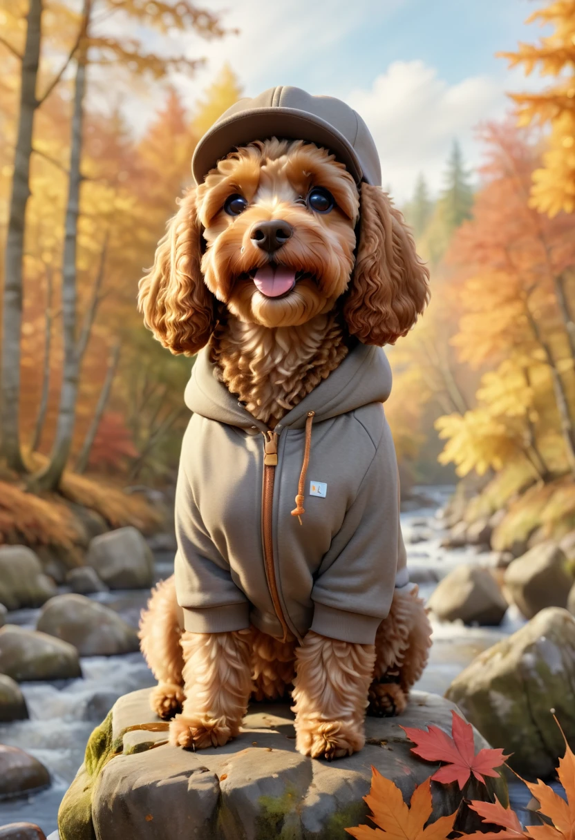 A cute brown Cavapoodle with fluffy fur wearing an urban outfit, one hoodie, and a classic flat cap, sitting on a rock by a picturesque autumn forest with colorful falling leaves and a serene river flowing nearby. The background is natural and tranquil, with an autumnal theme. Adorable Digital Painting, 3D rendered, warm lighting, vibrant colors, outside in the fall season