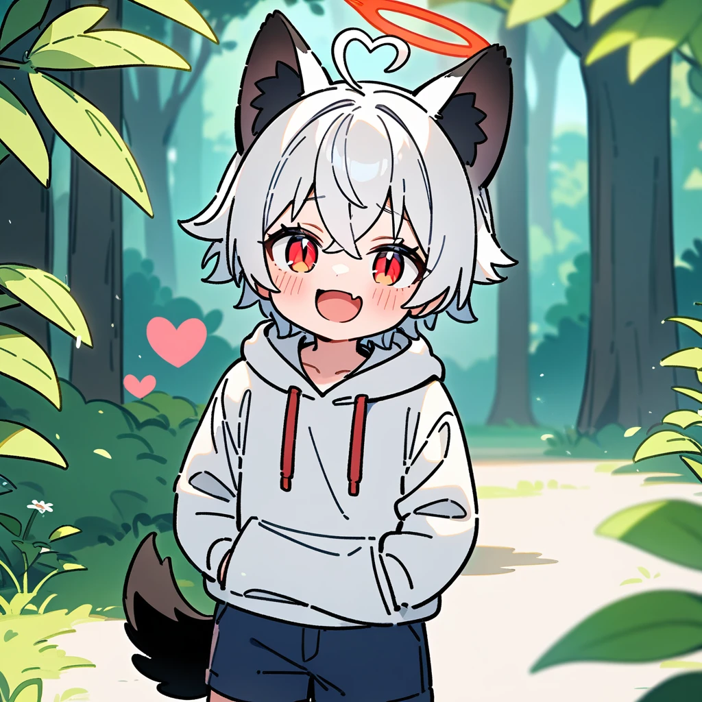 （masterpiece：1.2，high quality），8K，High resolution，A seven-year-old boy，cute boy，white hair，short hair，crossed bangs，red eyes，slit pupils，heart ahoge，black ears，cat ears，laughing，skin fang，red halo，Wearing a white hoodie，Dark blue shorts，Stand in the forest，There are flowering trees on both sides.，primary school student，thigh，alone，dog tail，（Put your hands in your pockets），（（Put your hands in your pockets）），（（（装在In the bottle））），（In the bottle），（被装在In the bottle）