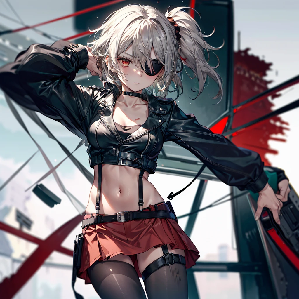 ((Highest quality)), ((masterpiece)), ((detailed)), (4K), 1girl, solo, red eye, (eyepatch), middle hair, messy hair, darkgreen hair, side ponytail, crop top, leather jacket, medium breasts, Torn miniskirt, suspender skirt, torn pantyhose, panties under pantyhose, choker, bracelet, (rain), (Wet), gloves, see through, (expressionless), scowl, (from below), (looking down), looking at viewer, (open legs), wasteland, town, blurry background