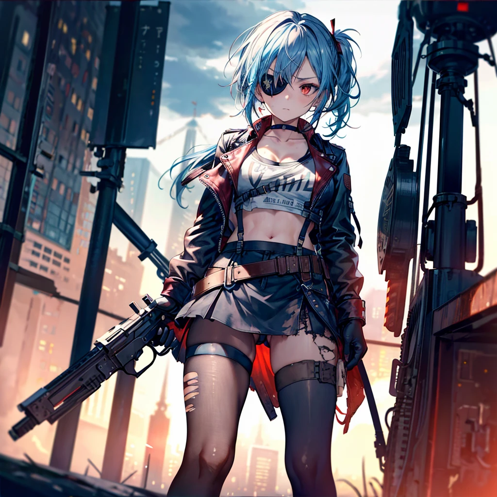 ((Highest quality)), ((masterpiece)), ((detailed)), (4K), 1girl, solo, red eye, (eyepatch), middle hair, messy hair, indigo blue hair, side ponytail, crop top, leather jacket, large breasts, Torn miniskirt, suspender skirt, torn pantyhose, panties under pantyhose, choker, bracelet, (rain), (Wet), gloves, see through, (expressionless), scowl, (from below), (looking down), looking at viewer, (open legs), wasteland, town, blurry background