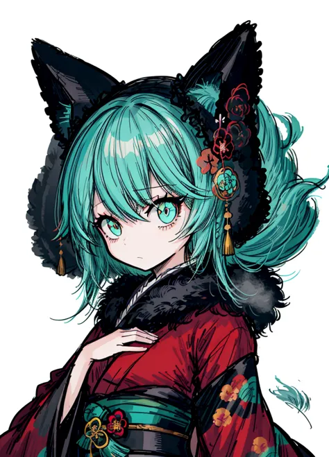 1girl, ocean turquoise hair, kitsune, tail fur ,kimono, noble, elegant, beautiful clothes, (high resolution, high detail, best q...