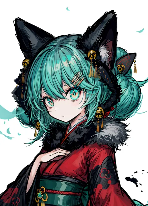 1girl, ocean turquoise hair, kitsune, tail fur ,kimono, noble, elegant, beautiful clothes, (high resolution, high detail, best q...