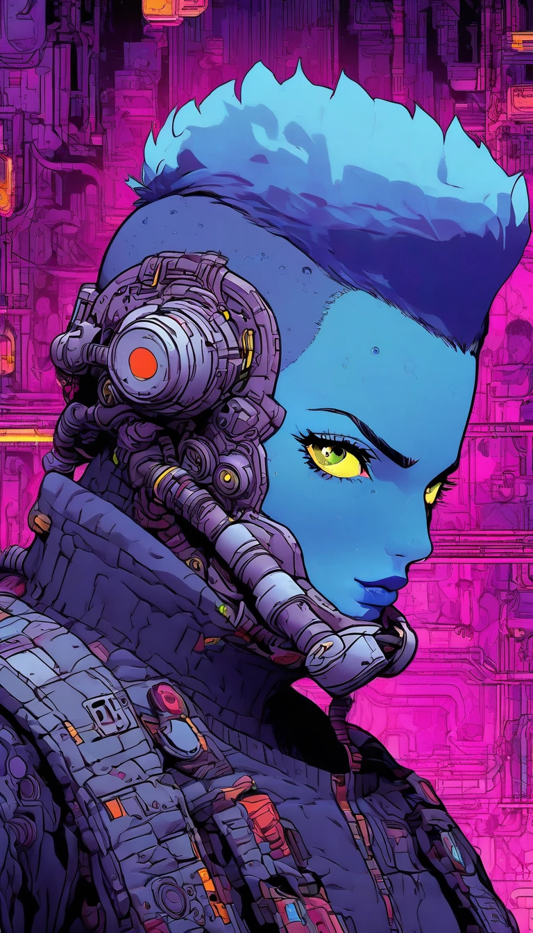 plano geral, todo o corpo:1.4, um andróide cyberpunk pós-apocalíptico com cabelo azul curto, um busto extremamente grande e de formato perfeito, uma pose provocativa, máscara de gás, características faciais detalhadas:1.5, textura da pele, pose dinâmica, Ação, hiper-realista, 8K, ultra detalhado, obra de arte, fotorrealista, iluminação dramática, Mudança de cor, profundidade de campo dramática, detalhes mecânicos intrincados, circuitos intrincados, detalhes em neon brilhante, atmosfera dramática de ficção científica, composição cinematográfica