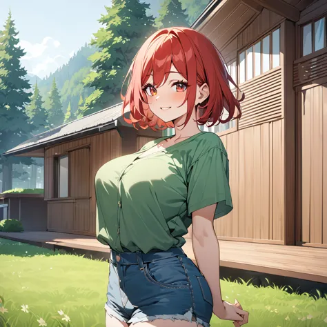 a woman wearing a casual green shirt, denim shorts, red auburn hair, short hair, red eyes, outside of a modern house, house with...