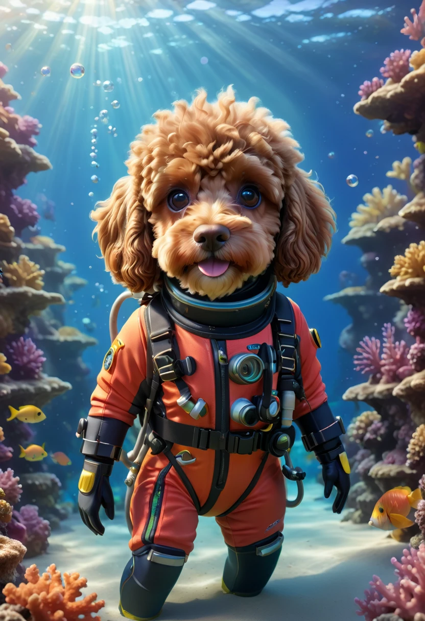 A cute brown Cavapoodle with fluffy fur wearing a small, colorful scuba diving suit and a tiny diving mask, swimming gracefully underwater with vibrant coral reefs and exotic fish around. The scene is serene and magical, with bubbles and light rays penetrating through the water. Adorable Digital Painting, 3D rendered, bright lighting, vibrant colors, underwater wonderland.