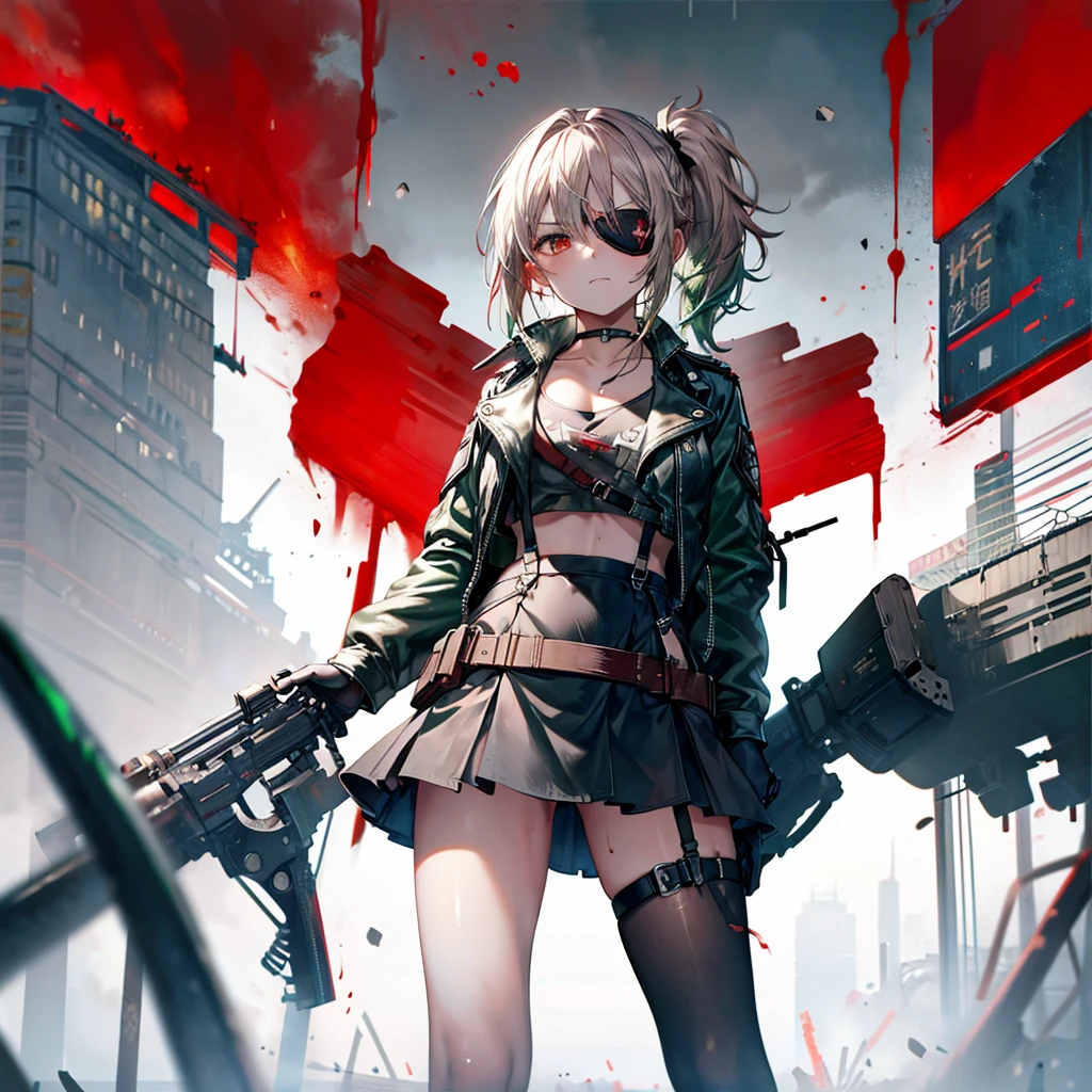 ((Highest quality)), ((masterpiece)), ((detailed)), (4K), 1girl, solo, red eye, middle hair, messy hair, green hair, side ponytail, (eyepatch), crop top, leather jacket, large breasts, Torn miniskirt, suspender skirt, torn pantyhose, choker, bracelet, (rain), (Wet), gloves, see through, (expressionless), scowl, (from below), (looking down), looking at viewer, (open legs), wasteland, town, blurry background