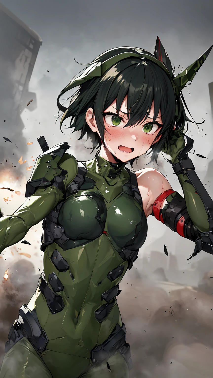 , Advanced Details, high quality, 最high quality, High resolution, 1080P 、Bleeding from the wound、Sexy Eyes、Wearing green and black、cute((The whole body is sweating))(Equipped with a damaged battle suit....)(Dark green armor)(Broken Armor)Black Hair、Chiquita、short hair、Open your mouth、Crying face、It hurts again、Healthy Skin、20-year-old female　defeat　(Steam coming out of the face) ((Steam from the body)) 　Unable to fight　Severe attacks　((Sinking to the ground)) Ground cracking　Headgear is broken.　)) flying debris　bare hands　Armor Stripping　Sweaty head　Sweaty face　Sweat flies　Headgear explodes　(No exposed skin)