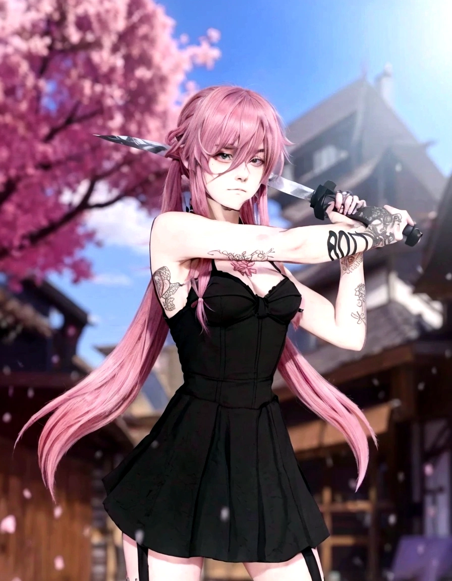 a woman with pink hair and tattoos holding a knife, gapmoe yandere, gapmoe yandere grimdark, yandere. tall, badass anime 8 k, as an anime character, gasai yuno as a real person, yandere intricate, in an anime style, anime waifu, in anime style, gasai yuno, yandere, anime style character