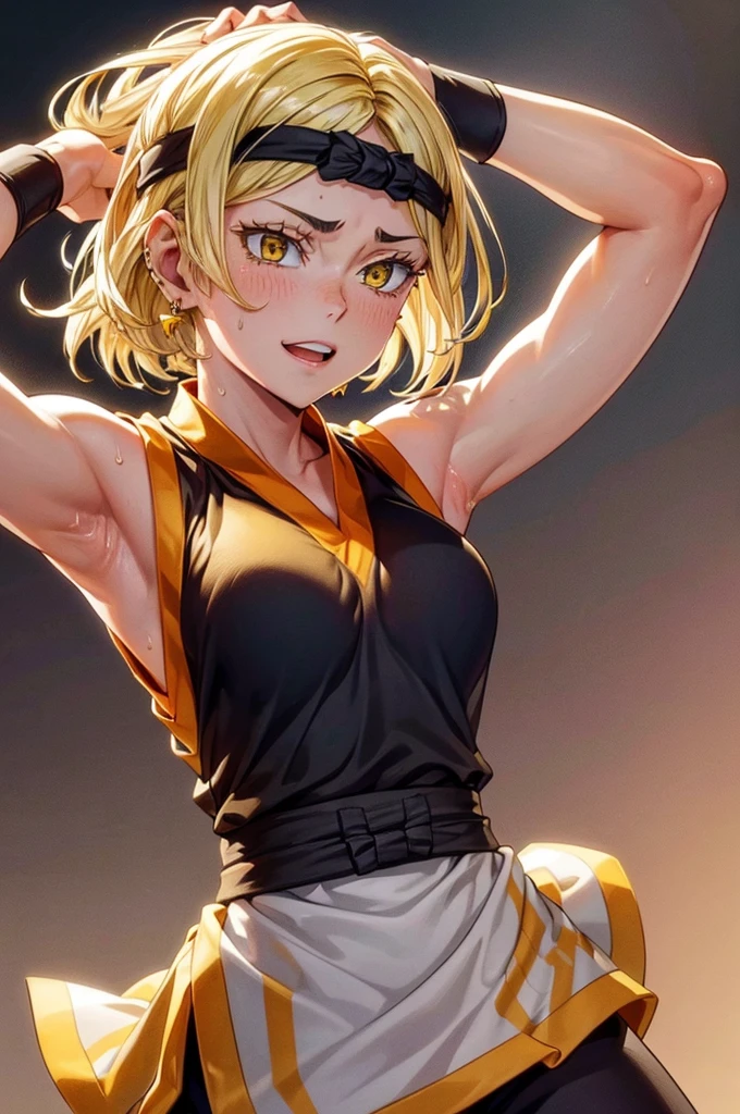 8k high resolution, detailed face, detailed body, perfect body, ultra high quality, 1 girl, sleeveless shirt, arms up, armpit, sweating, black headband, yellow eyes, sweating, sweaty armpits