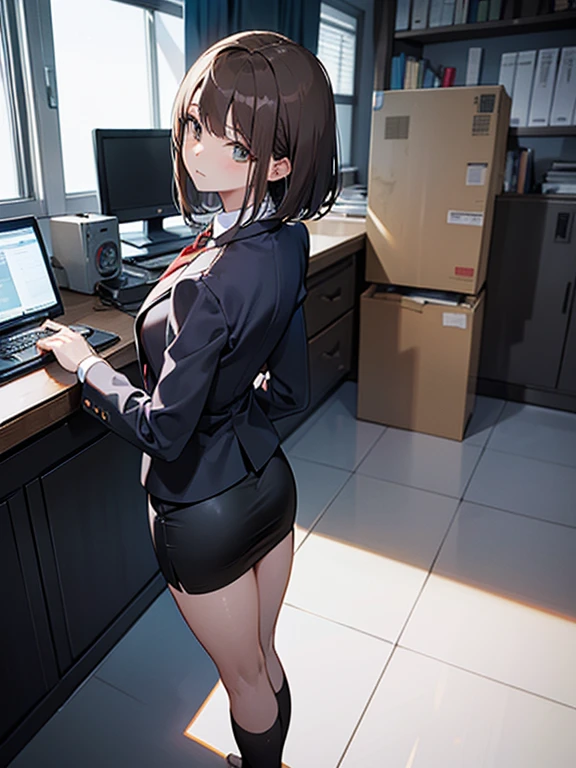 (Highest quality, 8K, 32k, masterpiece, Ultra-high resolution: 1.2), 1 Girl, Beautiful Japanese Woman, thinウエスト, Gray suit, Open jacket, office Lady, suit, Tight Skirt, From the back, office, turn around, office, machine, (Stick your butt out: 1.2), Beautiful Face, Brown Hair, Bob Hair, Saggy eyes, Muscular, thin, whole body, Detailed expression down to the fingertips, One Woman, alone, Cool look