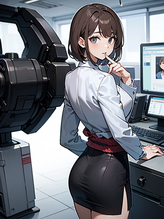 (Highest quality, 8K, 32k, masterpiece, Ultra-high resolution: 1.2), 1 Girl, Beautiful Japanese Woman, thinウエスト, Gray suit, Open jacket, office Lady, suit, Tight Skirt, From the back, office, turn around, office, machine, (Stick your butt out: 1.2), Beautiful Face, Brown Hair, Bob Hair, Saggy eyes, Muscular, thin, whole body, Detailed expression down to the fingertips, One Woman, alone, Cool look