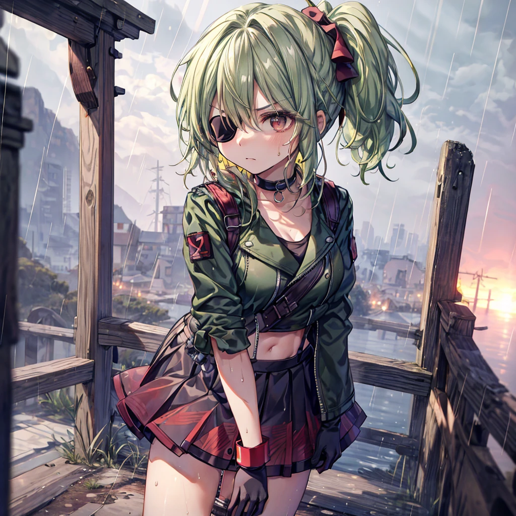 ((Highest quality)), ((masterpiece)), ((detailed)), (4K), 1woman, solo, ((eyepatch)), red eye, middle hair, messy hair, green hair, side ponytail, (fighter), crop top, leather jacket, medium breasts, see through, Torn miniskirt, suspender skirt, torn pantyhose, choker, bracelet, ((rain)), (Wet), gloves, (expressionless), scowl, (from below), (looking down), face focus, looking at viewer, (leaning forward), wasteland, town, blurry background