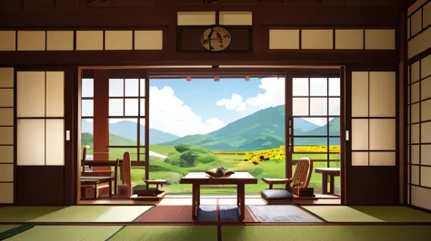 ultra-realistic depiction of the cozy interior of a traditional japanese rural house on a summer day. the sliding shoji doors ar...