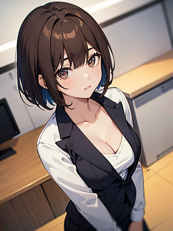 (Highest quality, 8K, 32k, masterpiece, Ultra-high resolution: 1.2), 1 Girl, Beautiful Japanese Woman, thinウエスト, Gray suit, Open jacket, office Lady, suit, Tight Skirt,  office,  office, machine, Beautiful Face, Brown Hair, Bob Hair, Saggy eyes, Muscular,Slender figure,Cleavage, thin, whole body, Detailed expression down to the fingertips, One Woman, alone, Cool look